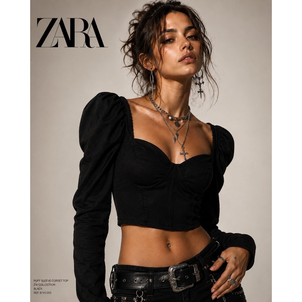 NWT Zara Black Puff Sleeve Corset Festival Y2k Crop Top Size Small